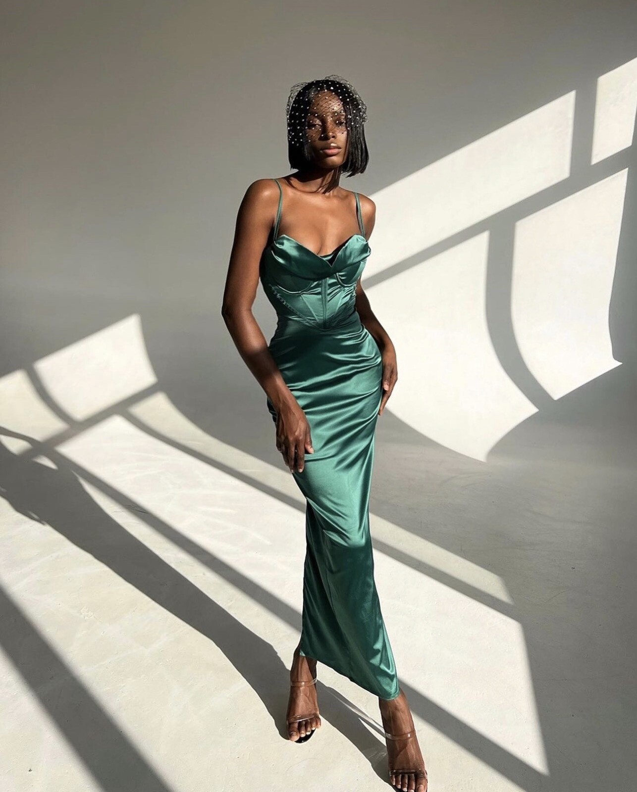 Corset maxi dress satin pink white deep green-image
