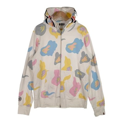 Used BAPE Hoodie Parker XL Shark Zip Full Up Sweatshirt White 