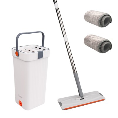 360° FLACHMOPPEIMER SET SQUEEZE DRY MIKROFASER BODENWISCHER REINIGER 2 NACHFÜLLPADS