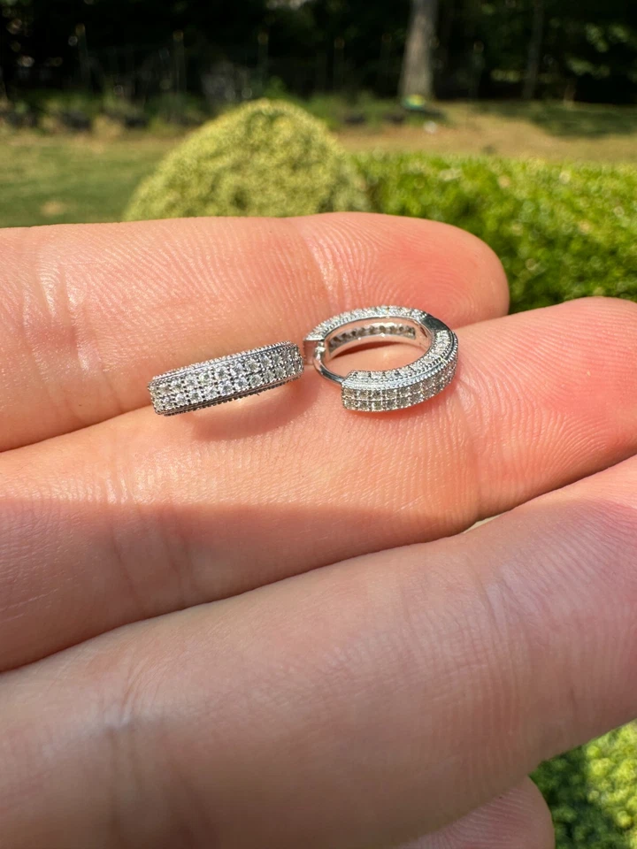 Moissanite Real 925 Silver Small Huggie Hoop Earrings 12mm Mens Ladies Hoops - Image 3 of 4