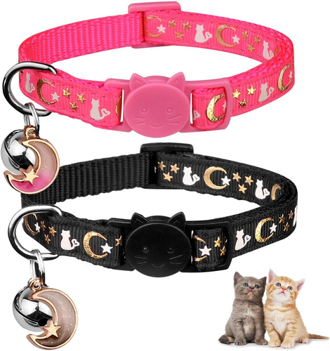 2PCS Breakaway Cat Collars with Bell Moons Stars Cute Kitty Adjustable Safe Kitt - 第 1/12 張圖片