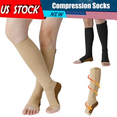 3-Pair Zipper Compression Socks for Men/Women 20-30mmHg with Open Toe Knee High