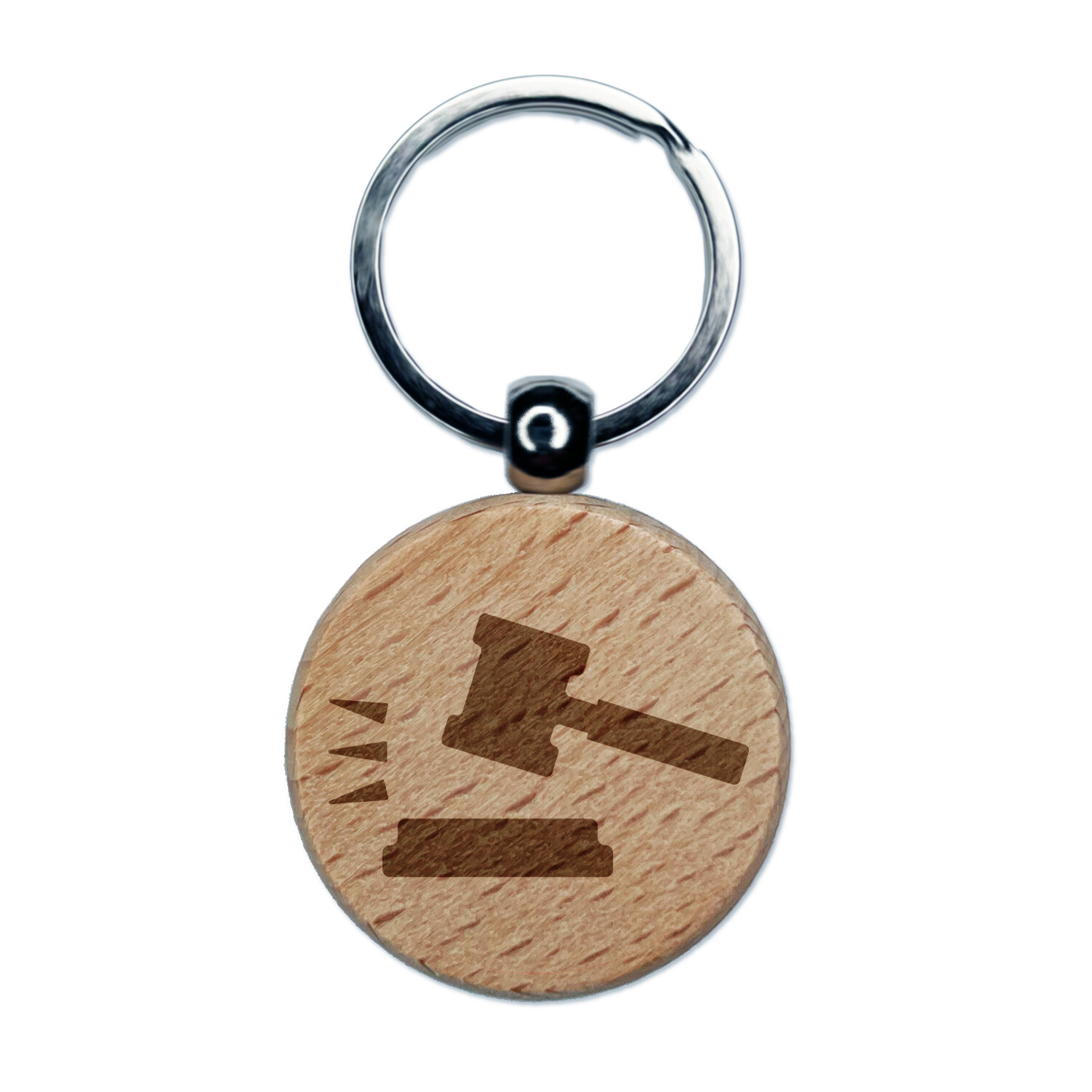 Gavel Judge Lawyer Icon Engraved Wood Round Keychain Tag Charm