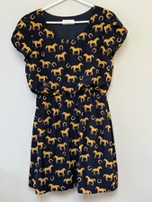 PEACH LOVE Womens California Modcloth Dress Horses Navy Cap Sleeve Large Lined