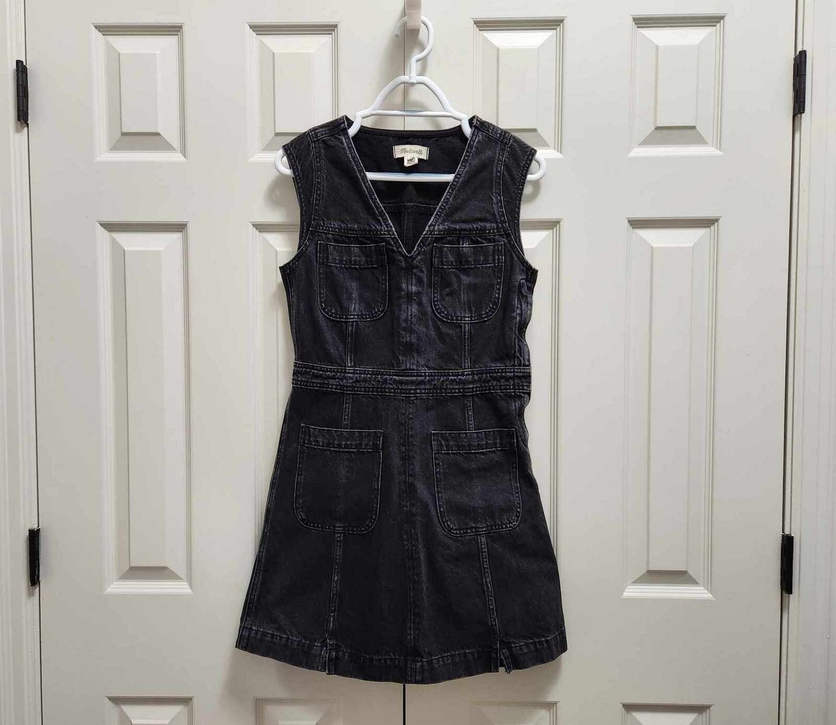 madewell black denim dress Women's Madewell Tarrybrook Wash V-Neck Cap Sleeve Black Denim Mini Dress  Sz 4