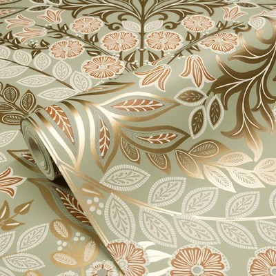 Belvedere Leaves Wallpaper Sage Green/Gold Grandeco 202304 Hall Lounge Dining