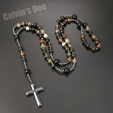 Brown Agate Black Onyx Bead Black Hematite Cross Rosary Necklace Man Women Gift