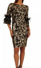 Adrianna Papell Cocktail Dress Size 8 - Black/Gold/Feathered Sleeves