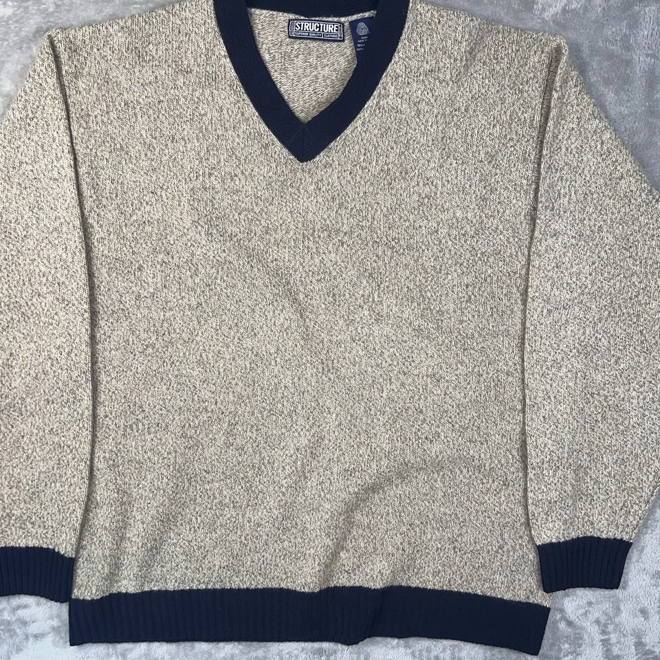 Vtg STRUCTURE Wool Sweater Men’s Medium V-Neck Marled Lambswool Retro Tan Blue - Image 4 of 4
