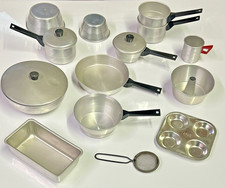 Vintage Child Size Kitchen Cookware Set of Pots Pans Lids Play Set Huge Lot