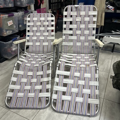 2X Set Vintage Aluminum Webbed Chaise Lounge Folding Reclining Lawn Chair White