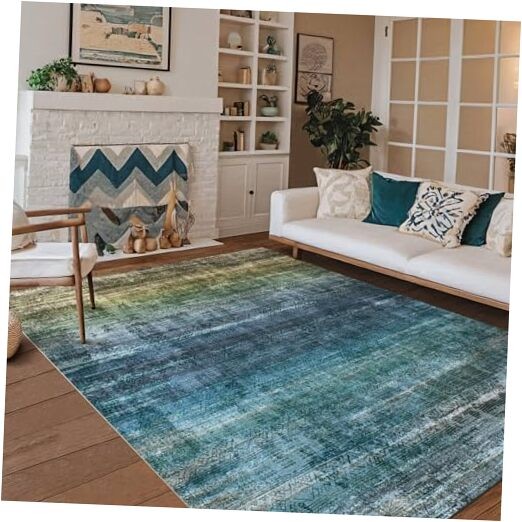 Modern Abstract 9x12 Washable Area Rug for Bedroom in Ocean Teal Cactus Amber Design