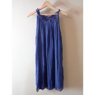 Luisa Ricci Dress Small Navy 100% Silk Shift Sleeveless Mini Pullover Summer 
