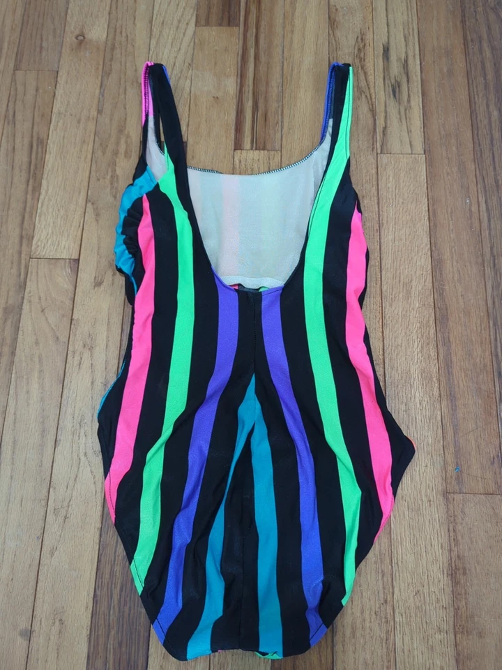 Traje de baño vintage Nicole Wior años 80 rayas neón negro una pieza talla 12 hecho en EE. UU. Foto 3 de 4