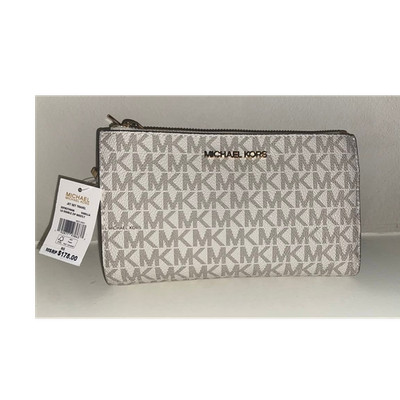 Michael Kors Jet Set Travel Large Double Zip Signature Logo Wristlet Vanilla