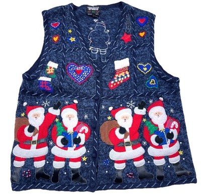 Vintage Christmas Sweater Vest Women Large Santa Winter Button Y2K Blue Red