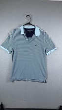Nautica Polo Shirt Mens XL Light Blue Navy Stripe Classic Fit Short Sleeve