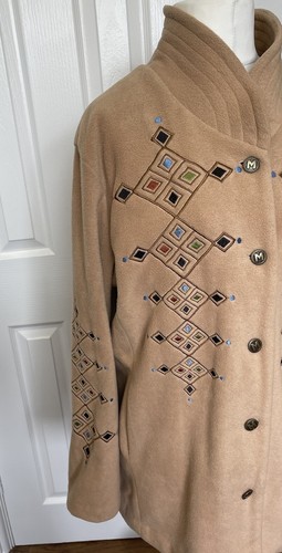 Bob Mackie Wearable Art Fleece Jacket Size Large Camel Brown Embroidered - Picture 3 of 14