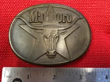 Vintage 1987 Philip Morris Marlboro Brass Belt Buckle Longhorn Steer Star OVAL