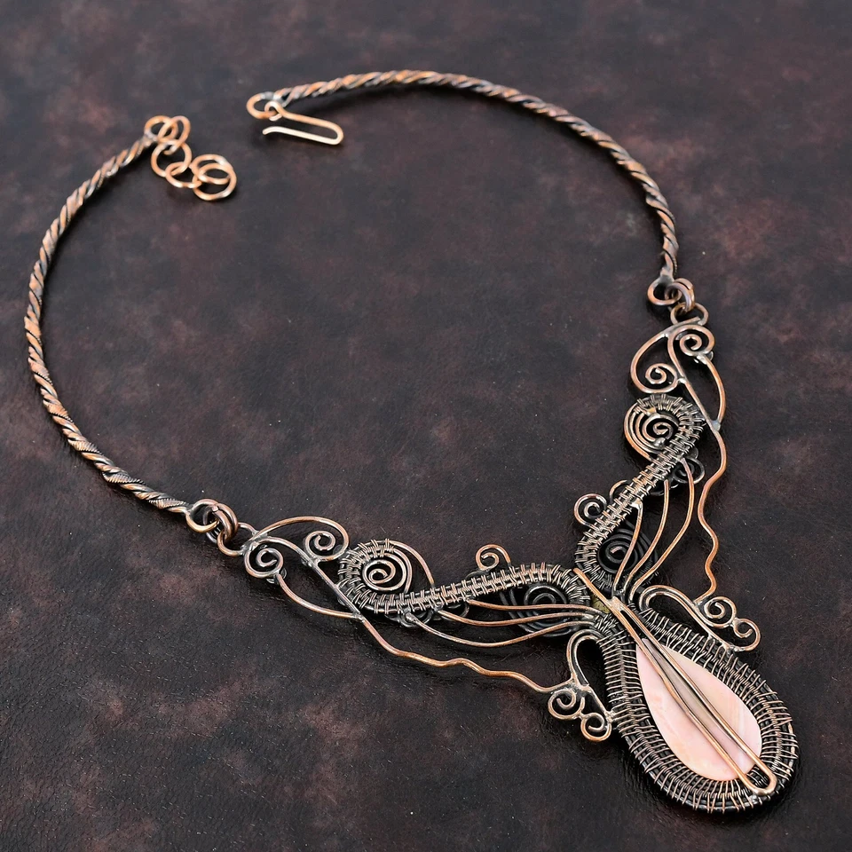 Collar ajustable con cadena de flores envuelta en alambre de cobre ópalo rosa para mujer 18,0" Foto 4 de 4