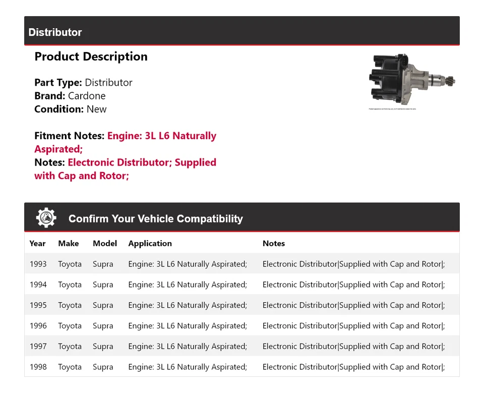 Para Toyota Supra 1993-1998 3L L6 Naturally Aspirated Distribuidor Cardone 1994 Foto 2 de 4