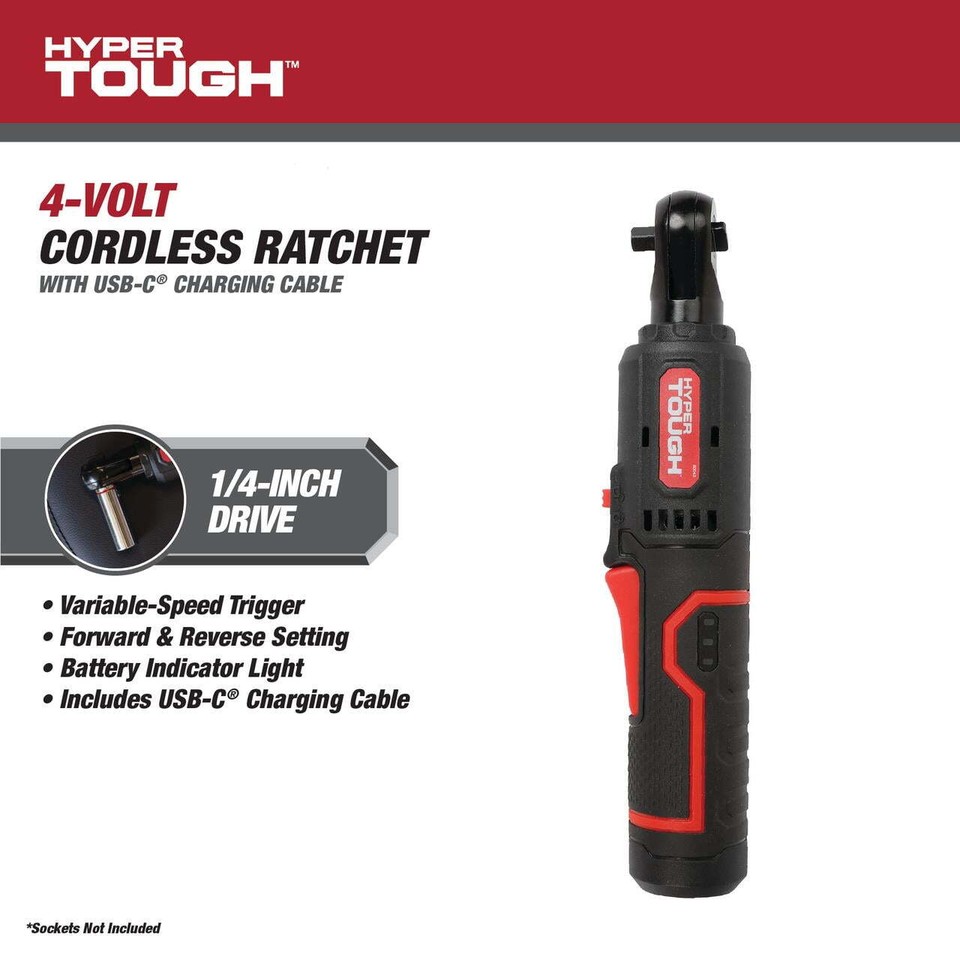 Hyper Tough 4V Cordless Ratchet w/ 2.0Ah Lithium-Ion Battery, 1/4-in ...
