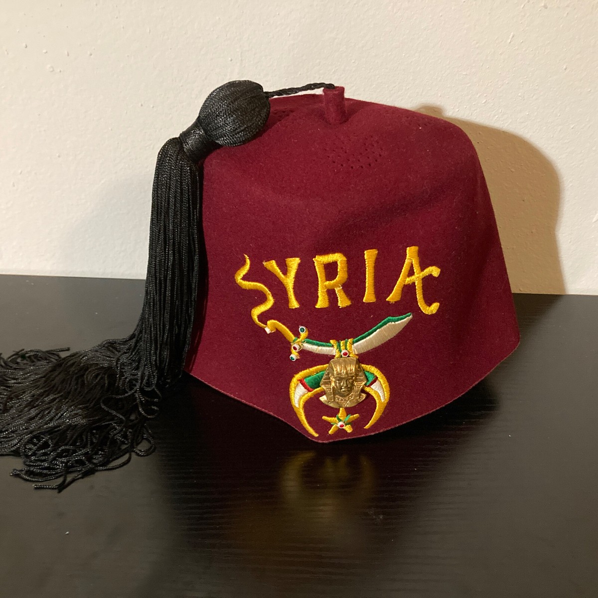 Vintage Syria Shriner's Masonic Bejeweled Fez Hat w/ Tassel and