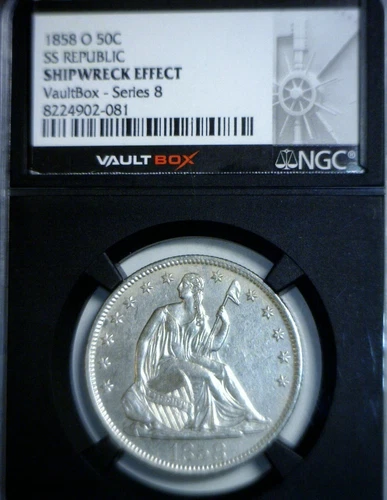 1858o BU NGC VAULT BOX SS Republic Ship Wreck Seated Half Dollar Silver Coin