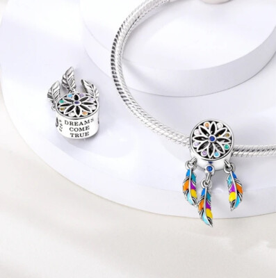 Dreams Come True Rainbow Dream Catcher Feather Spirit Charm 925 Sterling Silver