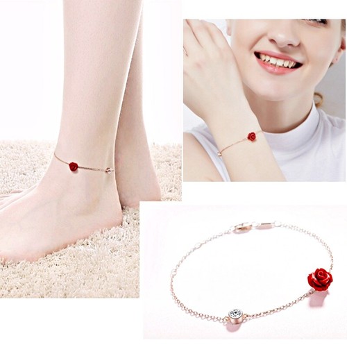 S925+18K Rose Gold GF Made With SWAROVSKI Crystal Resin Red Rose Anklet Bracelet - Picture 5 of 12
