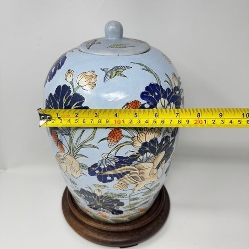 Großes Vintage handbemaltes chinesisches Keramik Ingwerglas mit Kranich & Blumenmuster - Bild 9 von 10