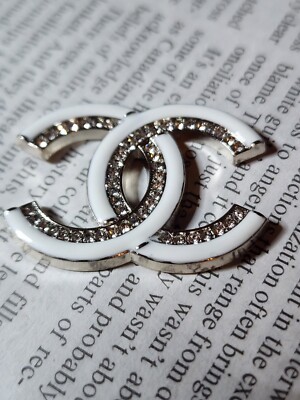 Chanel Button White Silver Tone Rhinestones  35 mm Flat Button 1 Pc***