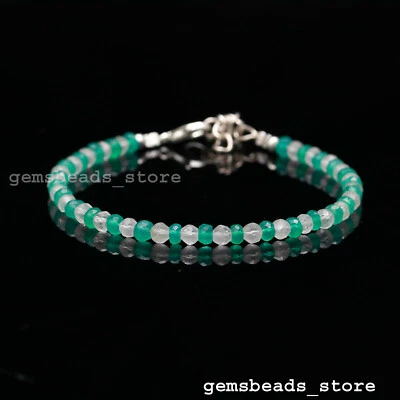 Bracelet réglable rondelle à facettes en onyx vert + cristal blanc véritable ... - Photo 1/4