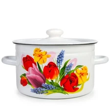 Novomoskovsk Spring Tulip Enamel Stockpot Vintage Cooking Pot Enameled Soup Pot