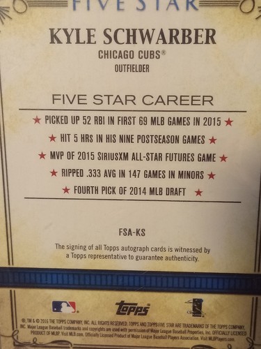 2016 Topps Five Star Kyle Schwarber RC Rookie BGS 9.5/10 Auto #FSA-KS /50 CUBS - Picture 4 of 6