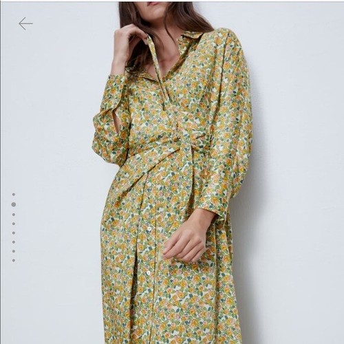 ZARA NUOVO $89 RASO ANNODATO AVVOLGENTE CAMICIA ABITO STAMPA FLOREALE VERDE | VESTIBILITÀ S - M - Foto 7 di 12
