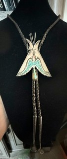 Beautiful Vintage Navajo Sterling & Multi gem Inlay Peyote Bird Teepee Bolo Tie