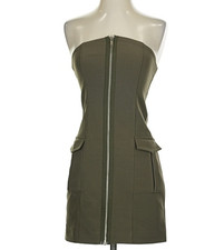 Zara Strapless Mini Dress With Pockets, Khaki Green, Size: S.