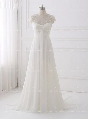 Chiffon Wedding Dresses Illusion Neck Cap Sleeve A-Line Romantic Bridal  Gowns