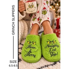   NWOT Handcrafted Grinch Cozy Slippers  Fits Women  s 6.5  8.5  SAME DAY SHIP