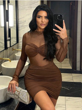 SXY Women Sexy Mesh Sheer Round Neck Long Sleeve Ruffle Mini Dress Sz XS S M L