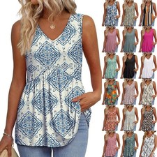 Ladies Sleeveless V Neck Tops Beach Summer Loose Shirts Cami Tank Vest Size 6-18