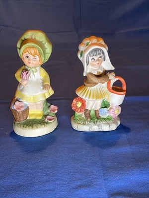 CMA Inc Vintage Porcelain Girl Figurines From 1980 s With Flowers And Baskets