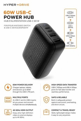 Hyper Drive 60W USB-C Power Hub 45W USB-C 18W USB-C 4K HDMI USA 2 Pin Stecker