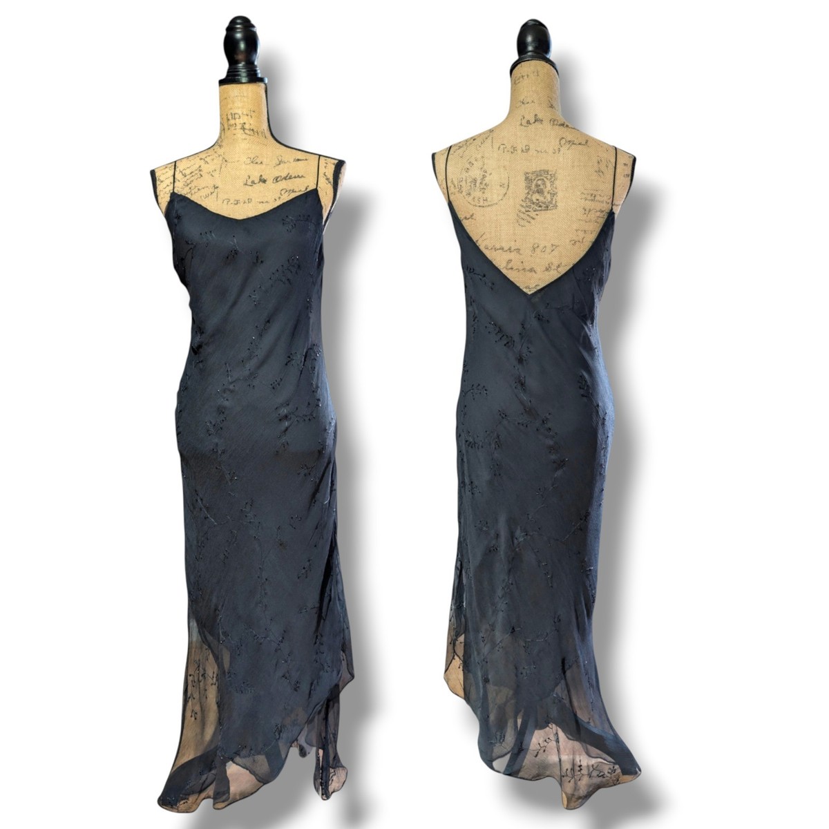 90s Y2K Maria Grachvogel Black Beaded Bias Cut Slip Dress UK 10/12 