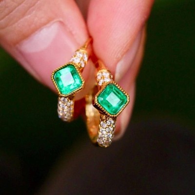 New Offer Sale ! Emerald Natural Emerald & Diamond Stud Earring 14k Yellow Gold