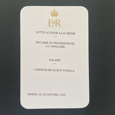 Royal Menu Card 26 Januar 1999 EIIR Monogram Queen Elizabeth II Sandringham  