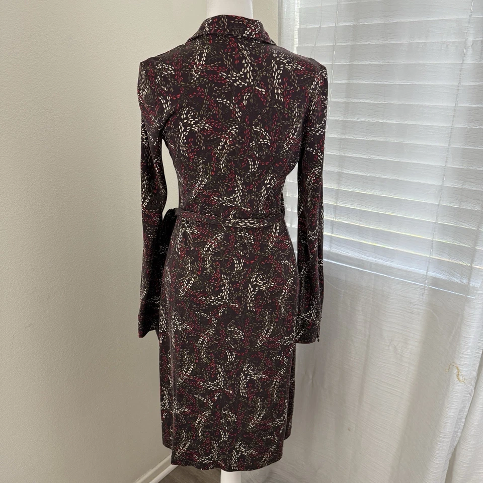 Vestido Diane Von Furstenberg Talla 4 100% Seda Envolvente Corbata Marrón Estampado Floral Diseñador Foto 2 de 4