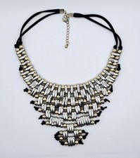 Vintage Silver  Gold Tone Beaded Bib Statement Necklace Gothic Black