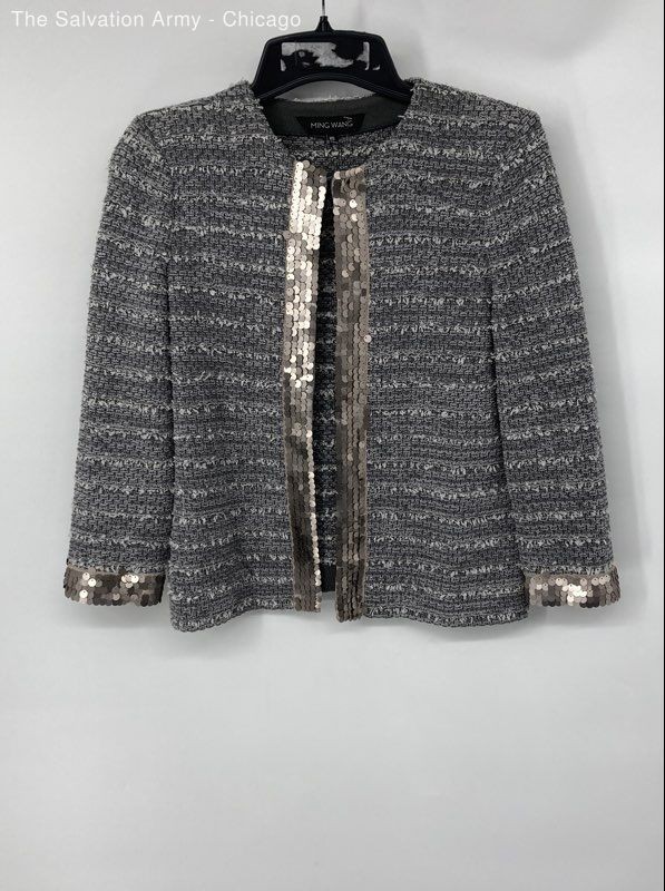 Ming Wang Womens Gray Sequin 3/4 Sleeve Knitted Cardigan Sweater Size XS